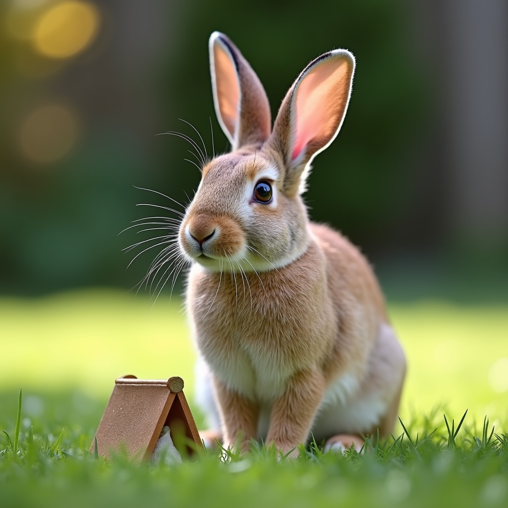 with a small prop nearby, ears perked up, on a backyard lawn