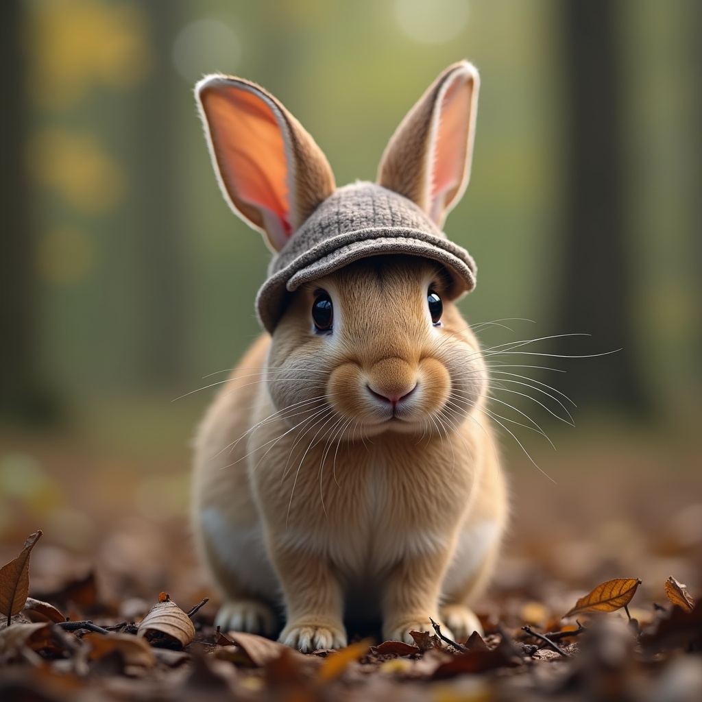 with a tiny hat, nose twitching, on a forest floor