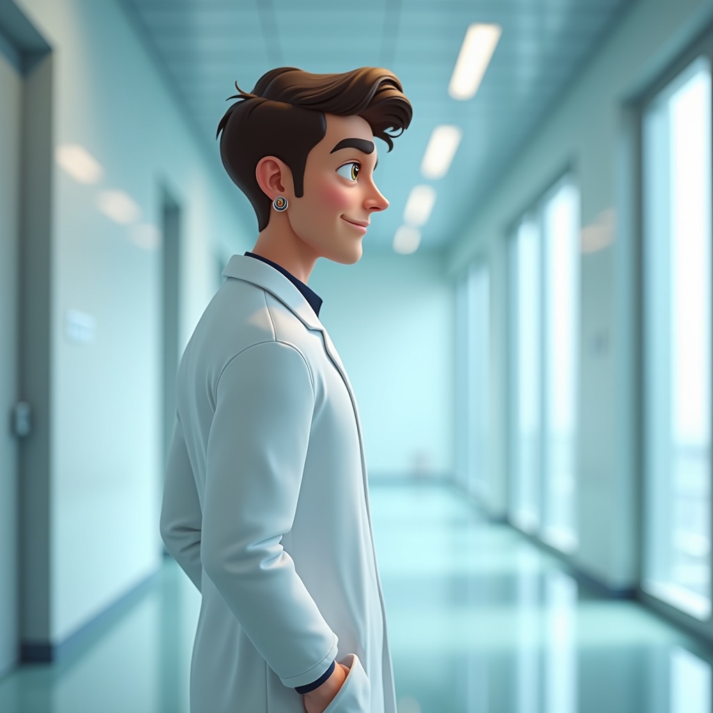 with earrings, turning to the side, in a bright lab corridor