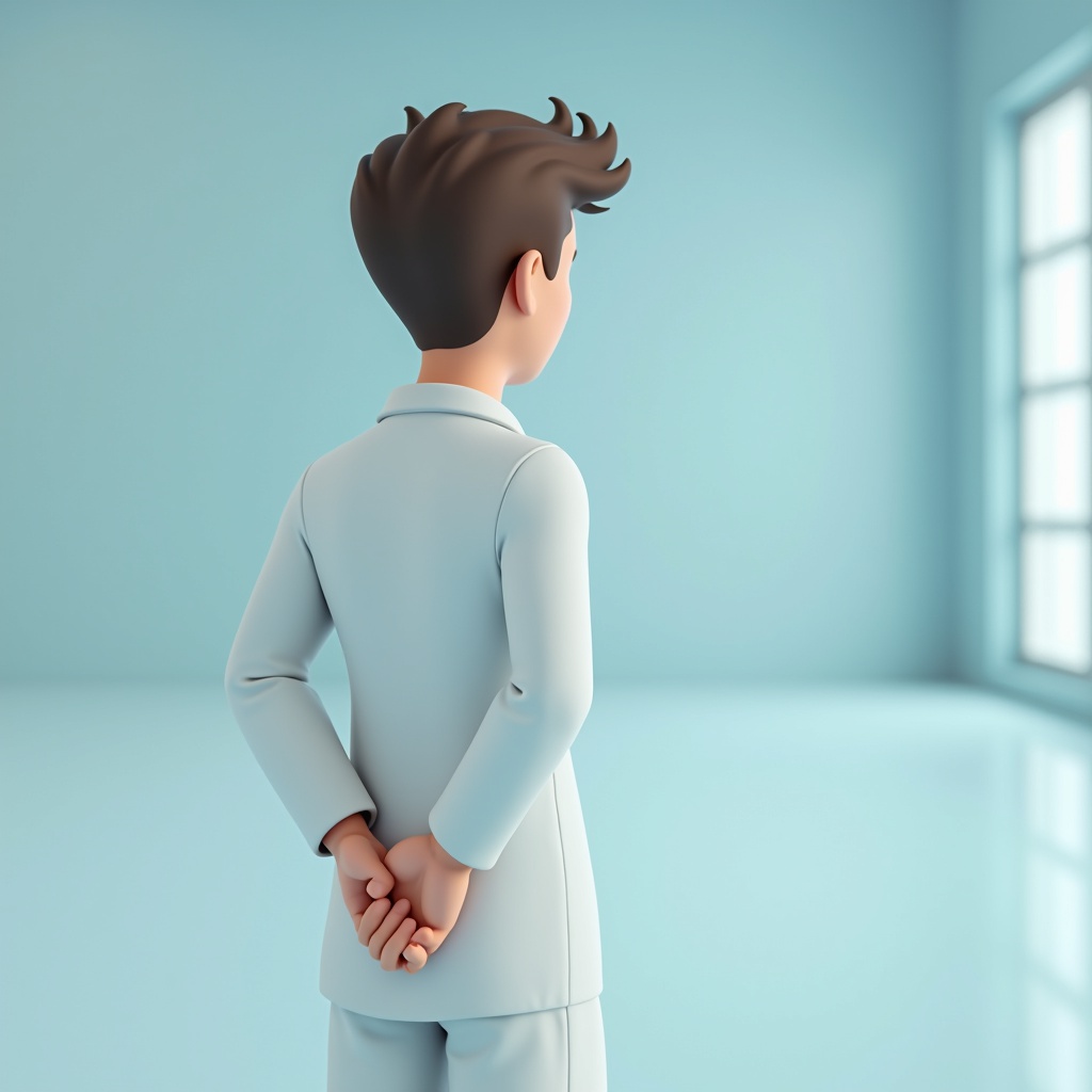 with short hair, hands behind back, in a cleanroom
