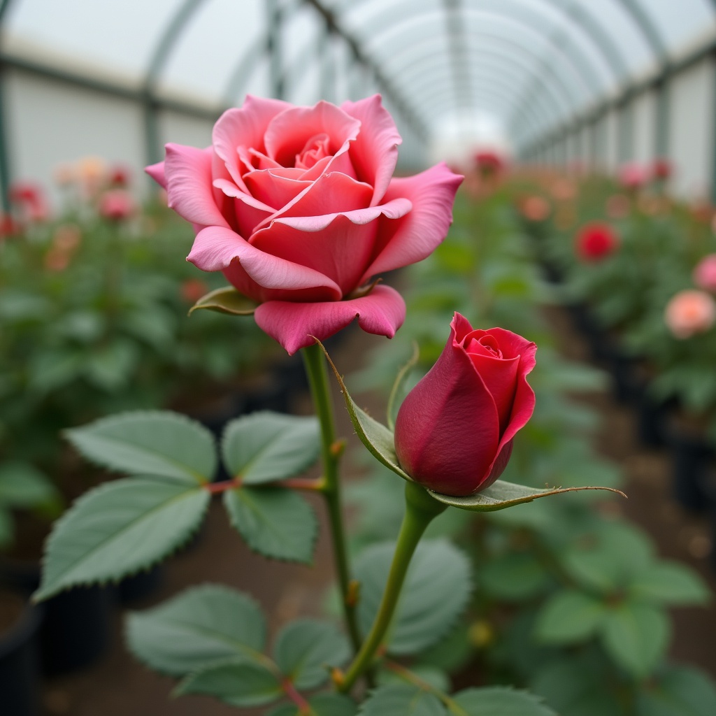 with a bud nearby, slightly tilted stem, in a greenhouse