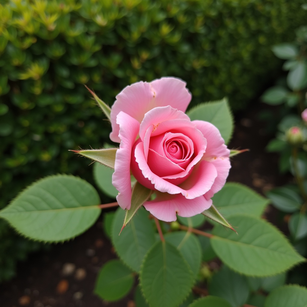 with a leaf curl, clustered petals, near a hedge