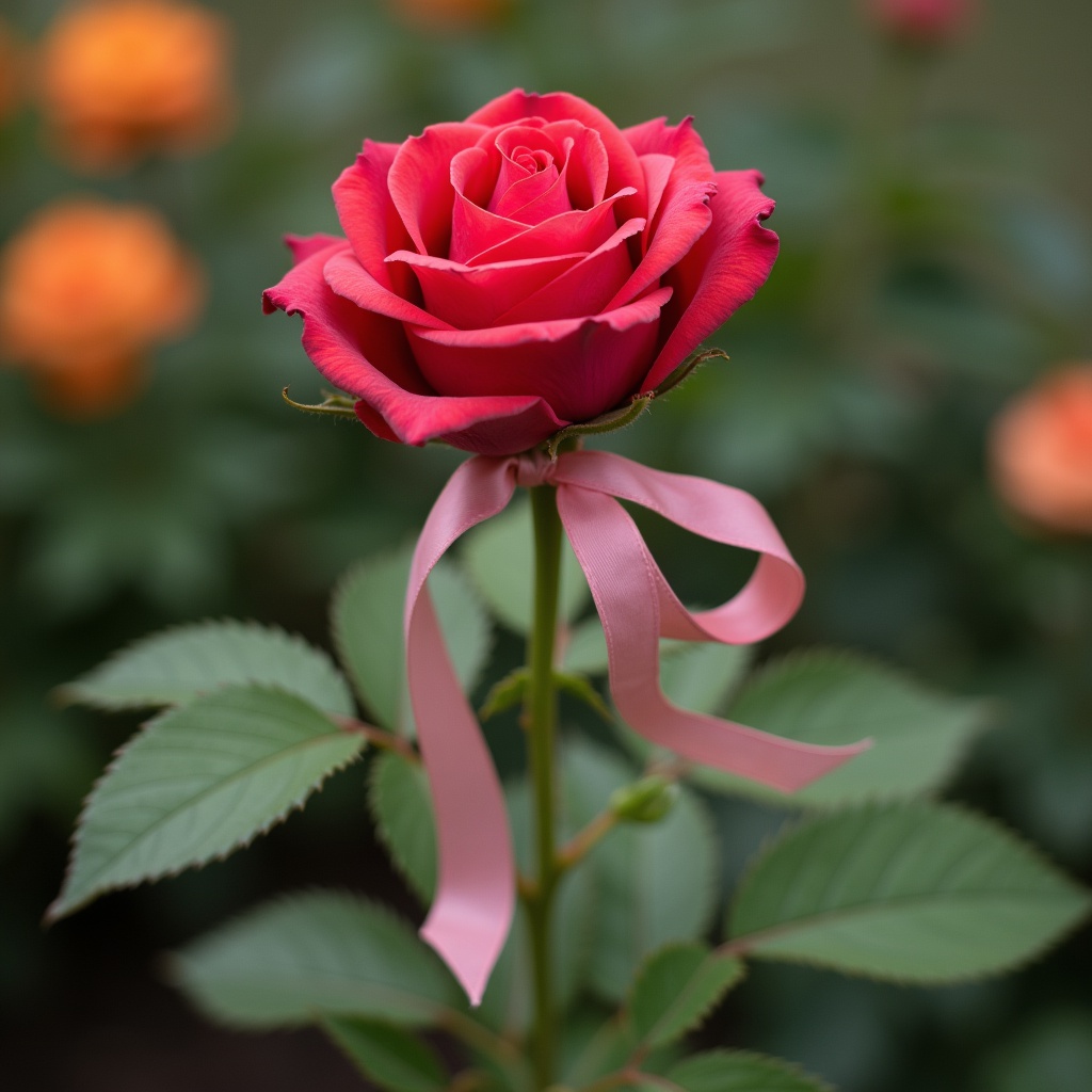 with a ribbon tied to the stem, bloom facing camera, in a flower garden