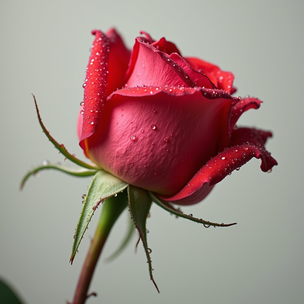 with dew drops, bloom, against a plain studio backdrop