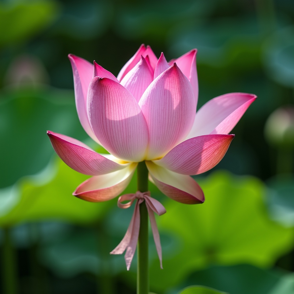 with a ribbon tied to the stem, open petals, in a botanical garden