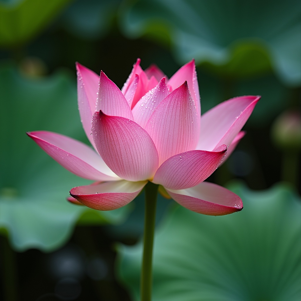 with dew drops, petals half-open, near a water garden
