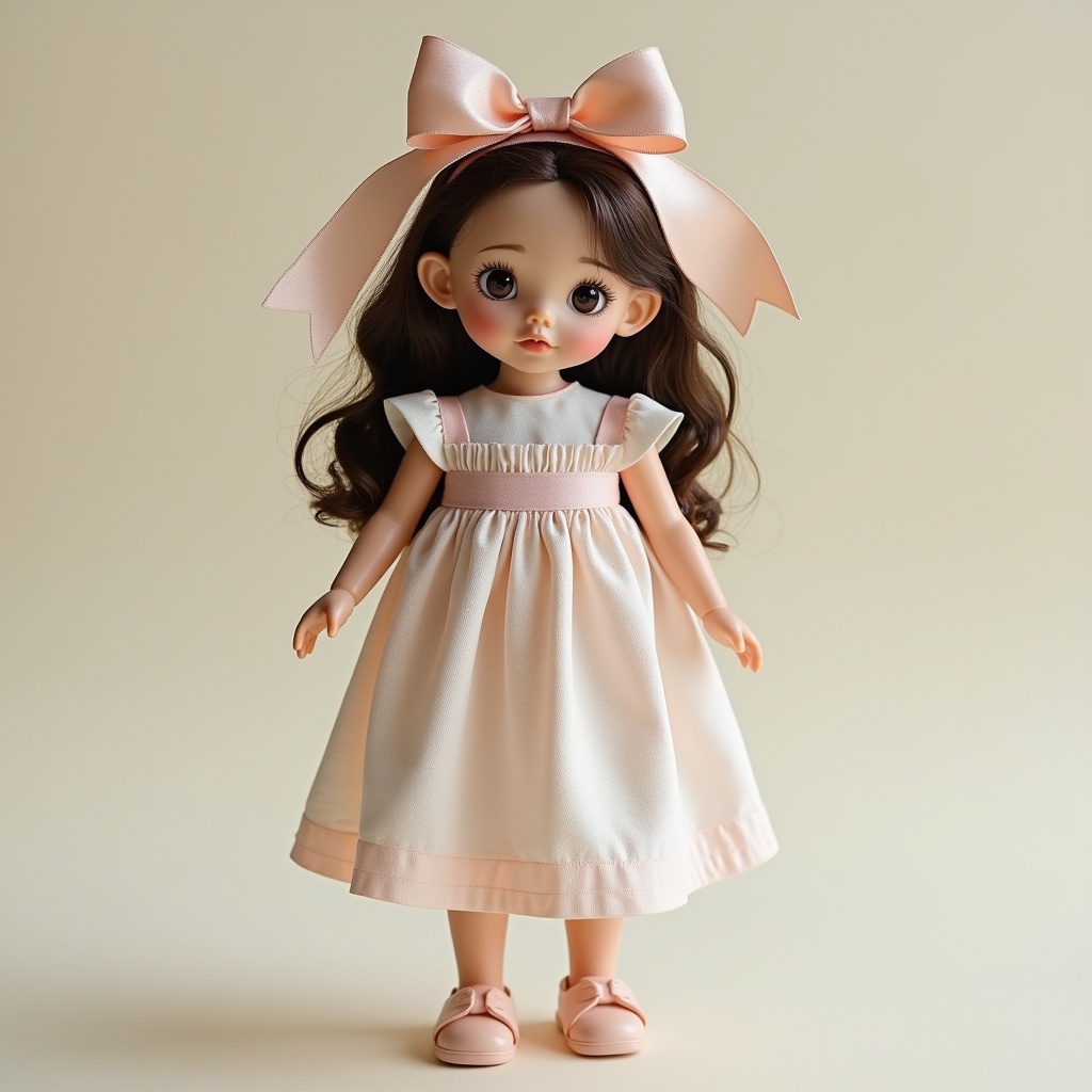 with a ribbon, facing camera, against a plain backdrop