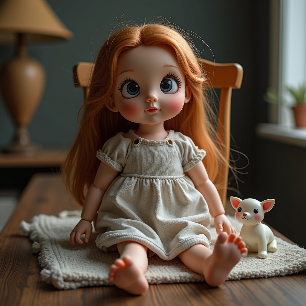 with a small prop nearby, head tilted, on a chair