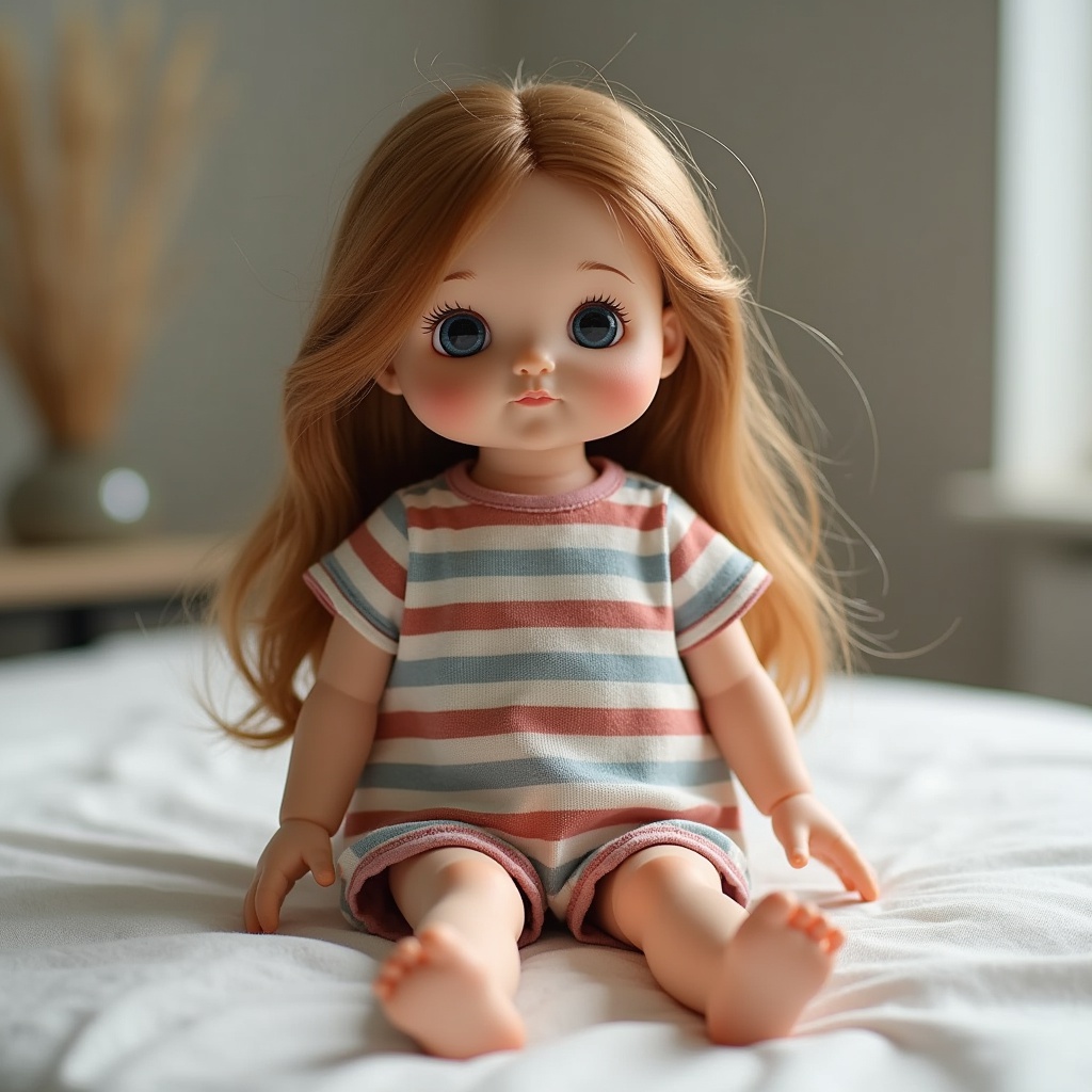 with a stripe pattern, sitting with legs forward, on a bed