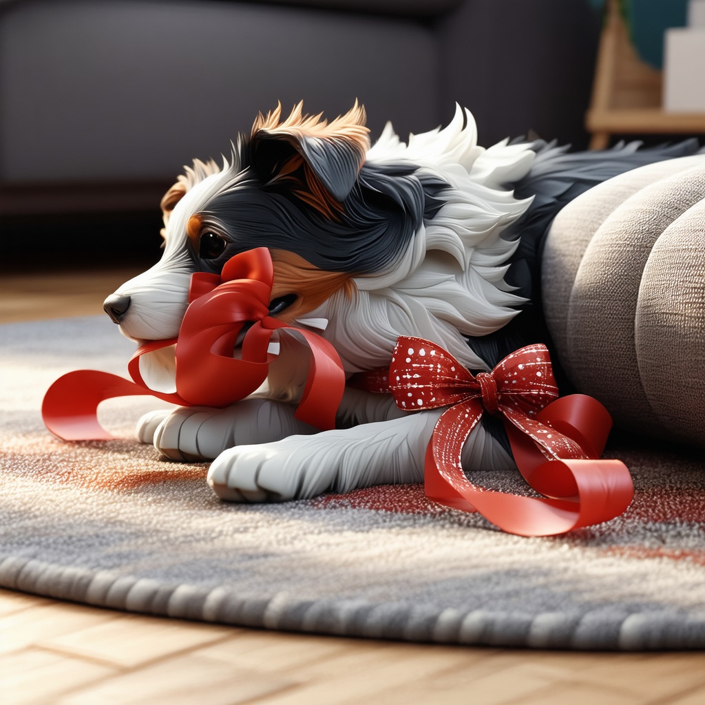 with a ribbon, lying curled up, on a cozy living-room rug