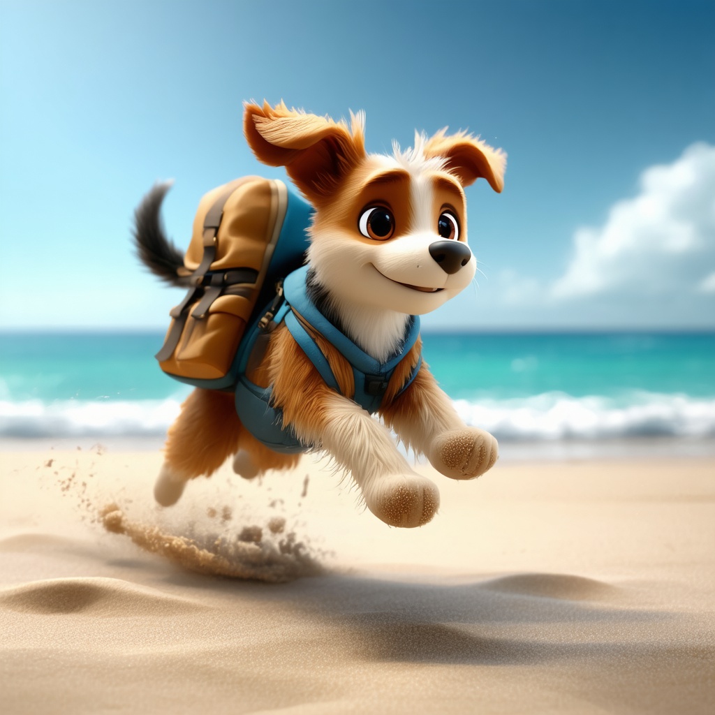 with a small backpack, jumping forward, at a sandy beach