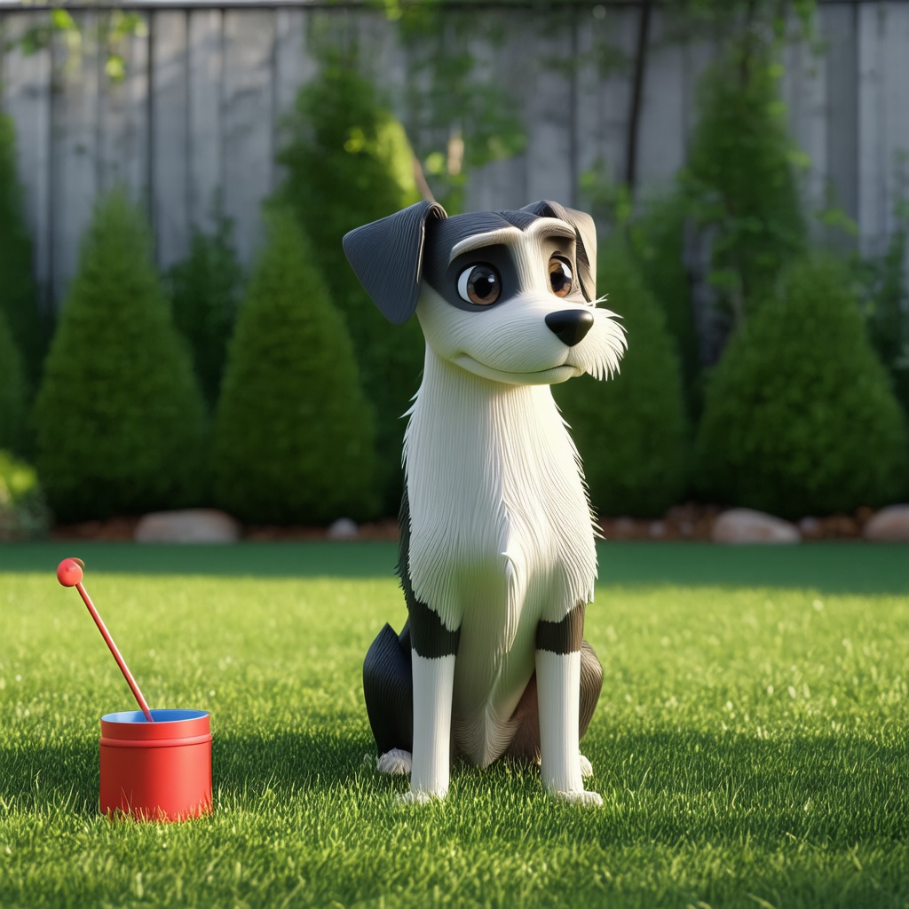 with a small prop nearby, sitting attentively, in a grassy backyard