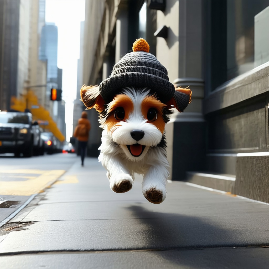 with a tiny hat, running mid-stride, on a city sidewalk