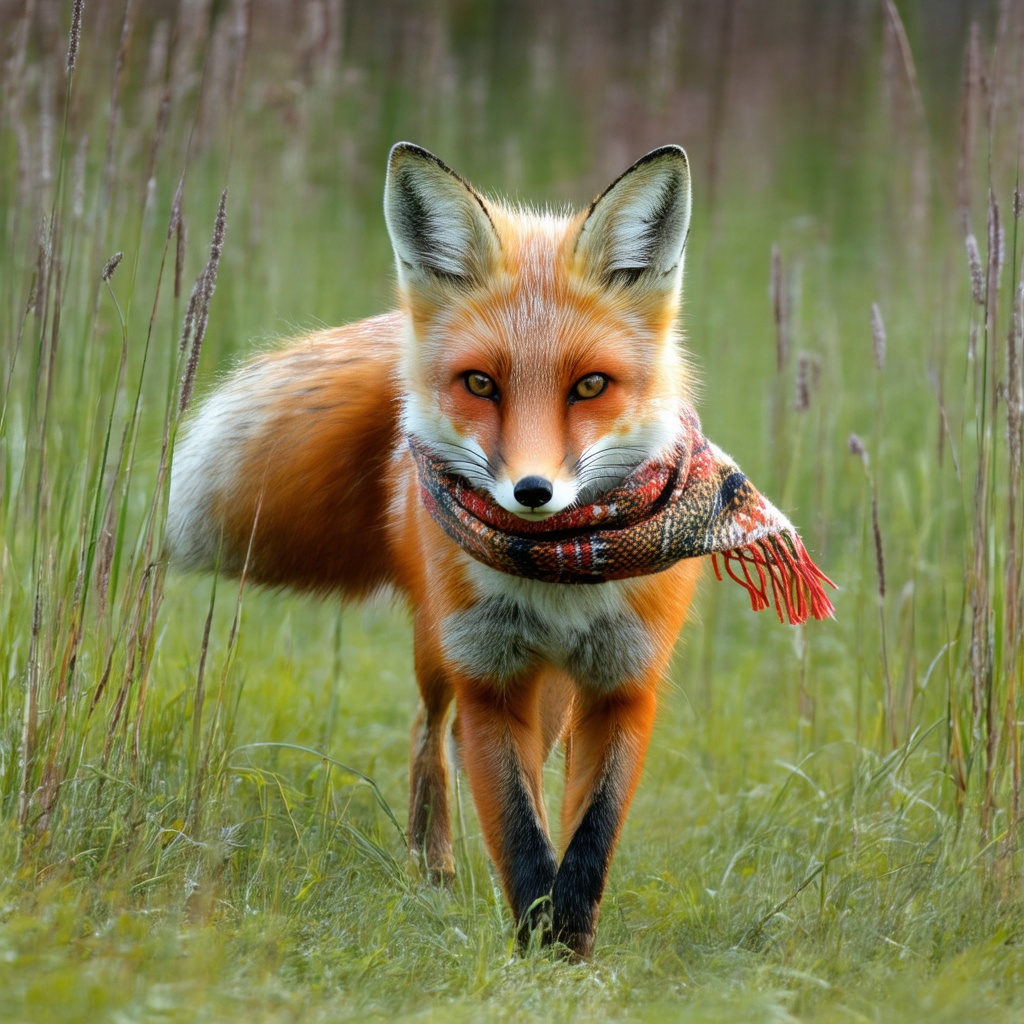 with a patterned scarf, moving low to the ground, in tall grass