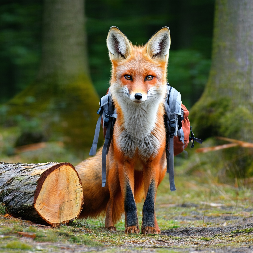 with a small backpack, ears angled back, near a fallen log