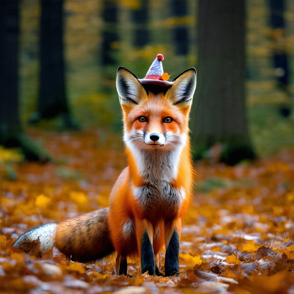 with a tiny hat, standing alert, in an autumn forest