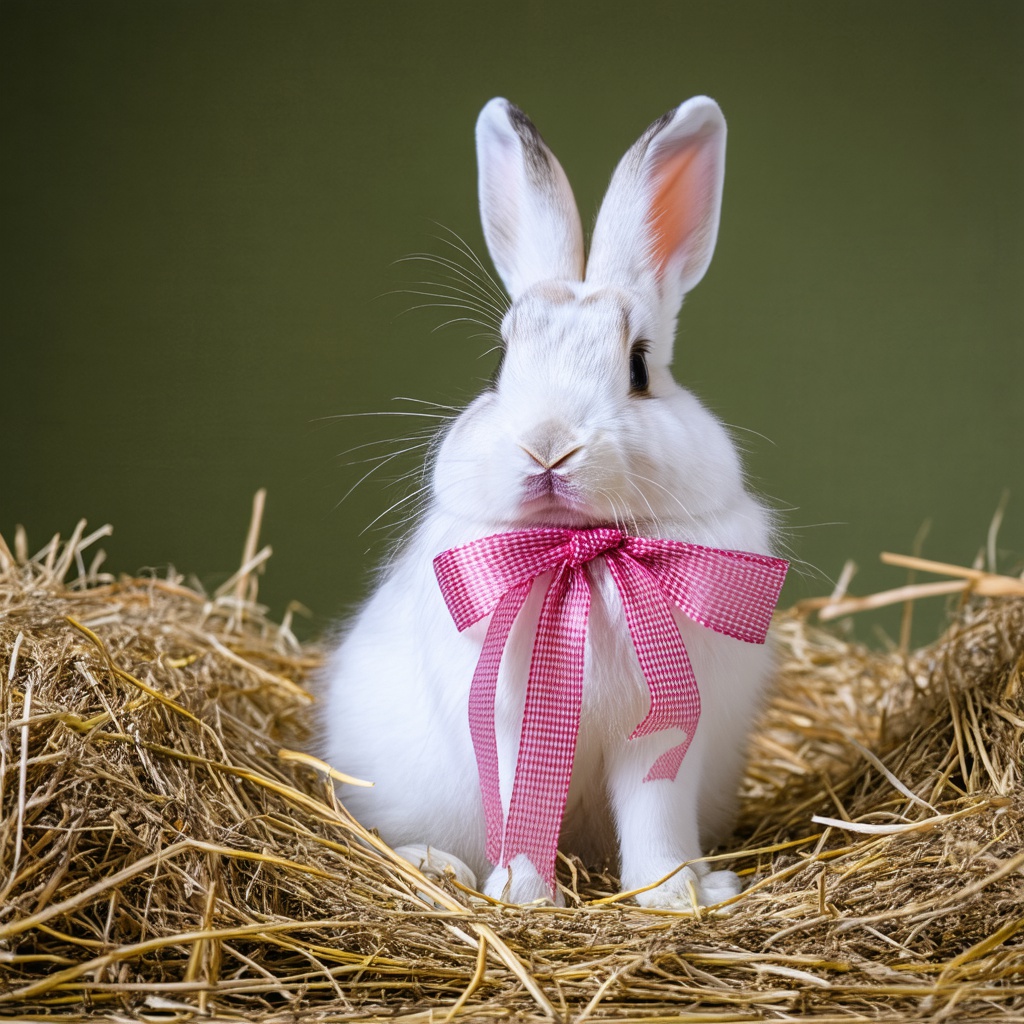 with a ribbon, sitting upright, on soft hay