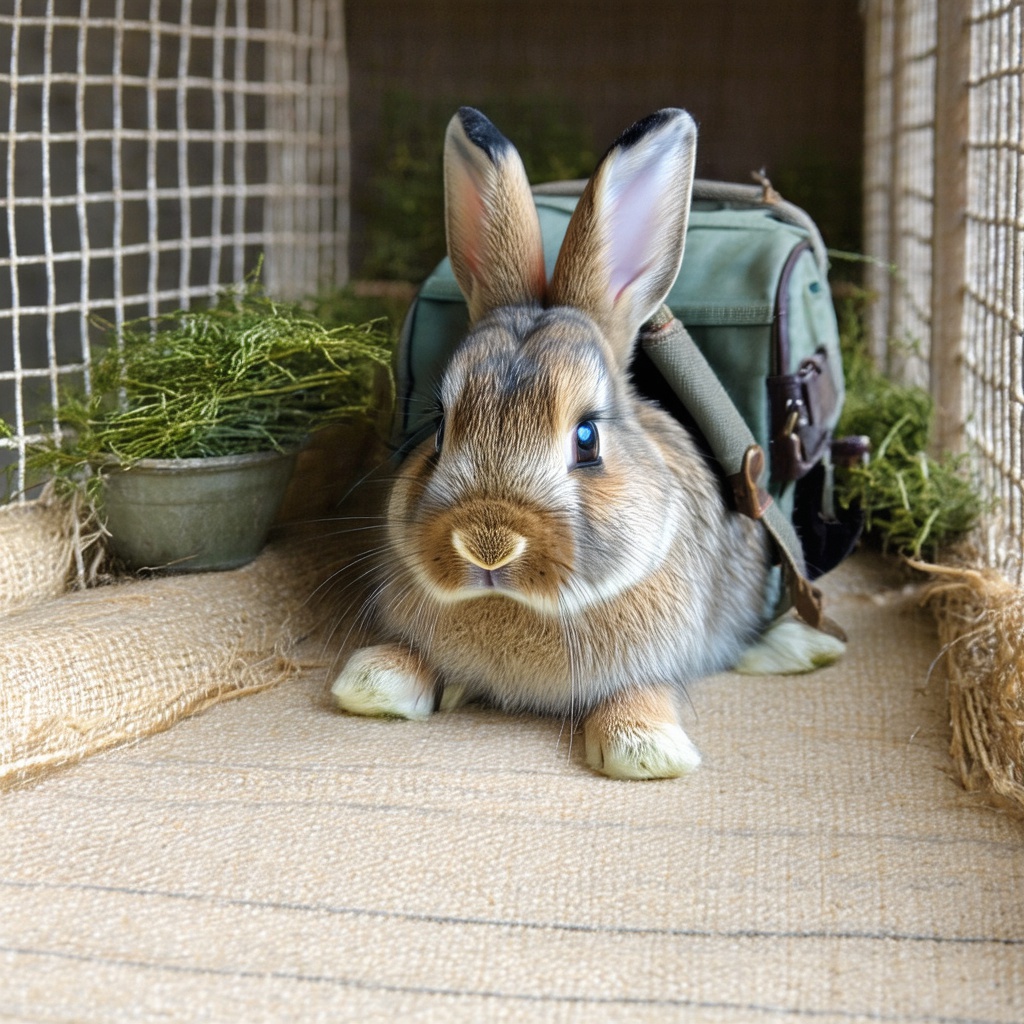 with a small backpack, lying flat, in a small pen