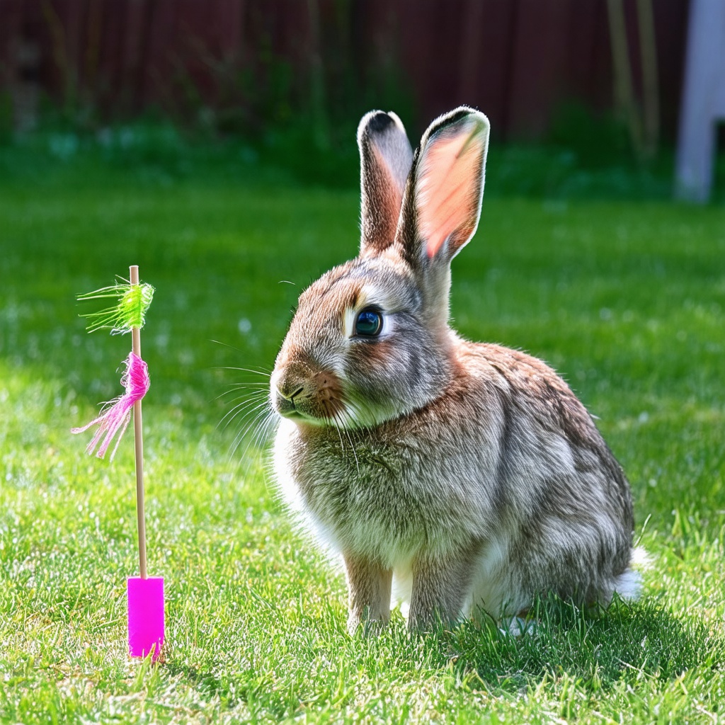 with a small prop nearby, ears perked up, on a backyard lawn