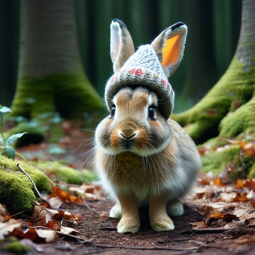 with a tiny hat, nose twitching, on a forest floor