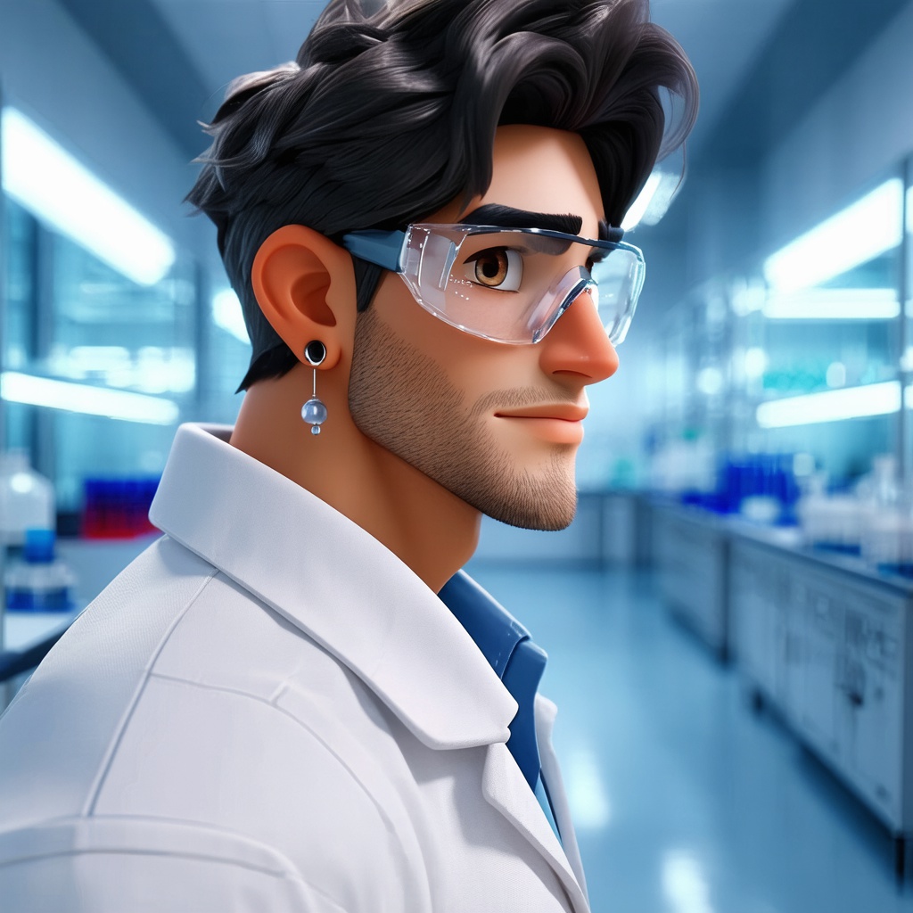 with earrings, turning to the side, in a bright lab corridor