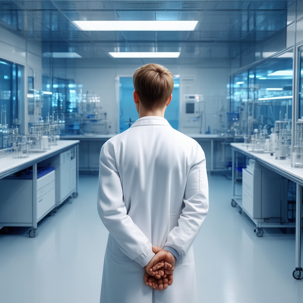 with short hair, hands behind back, in a cleanroom