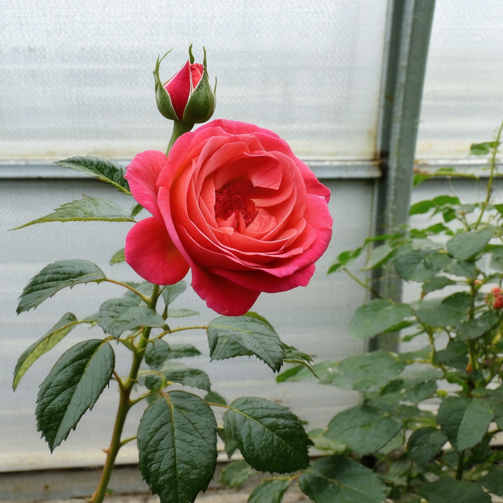 with a bud nearby, slightly tilted stem, in a greenhouse