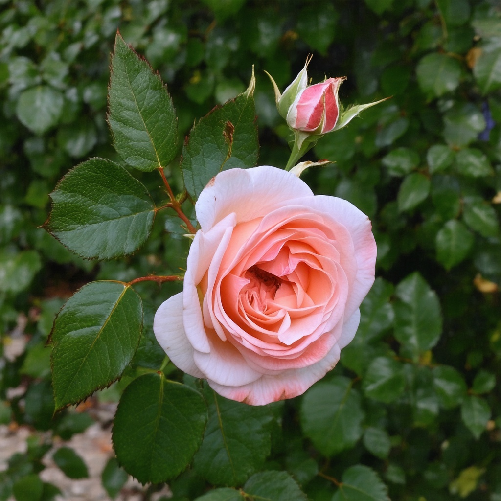 with a leaf curl, clustered petals, near a hedge