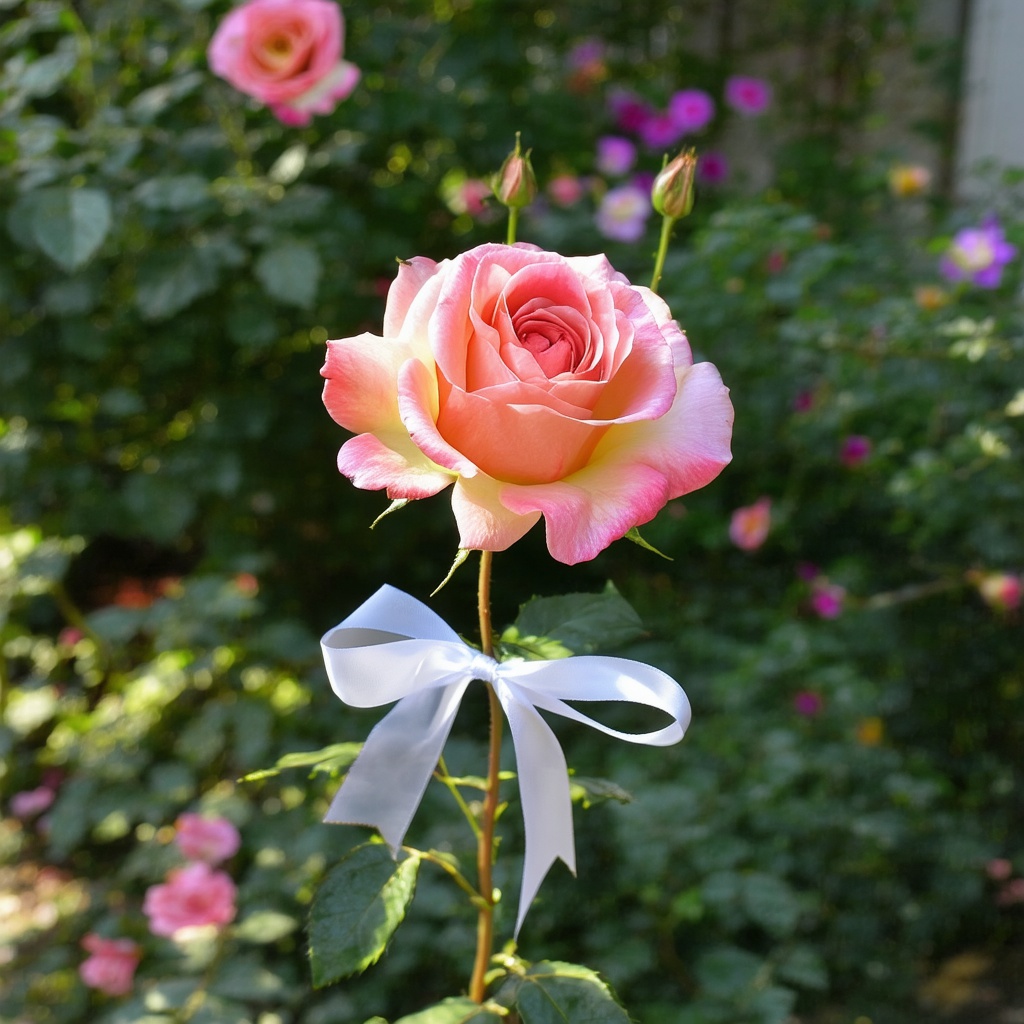 with a ribbon tied to the stem, bloom facing camera, in a flower garden