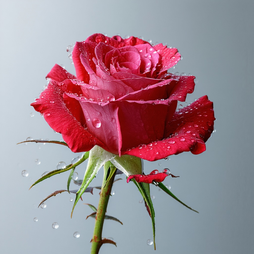 with dew drops, bloom, against a plain studio backdrop
