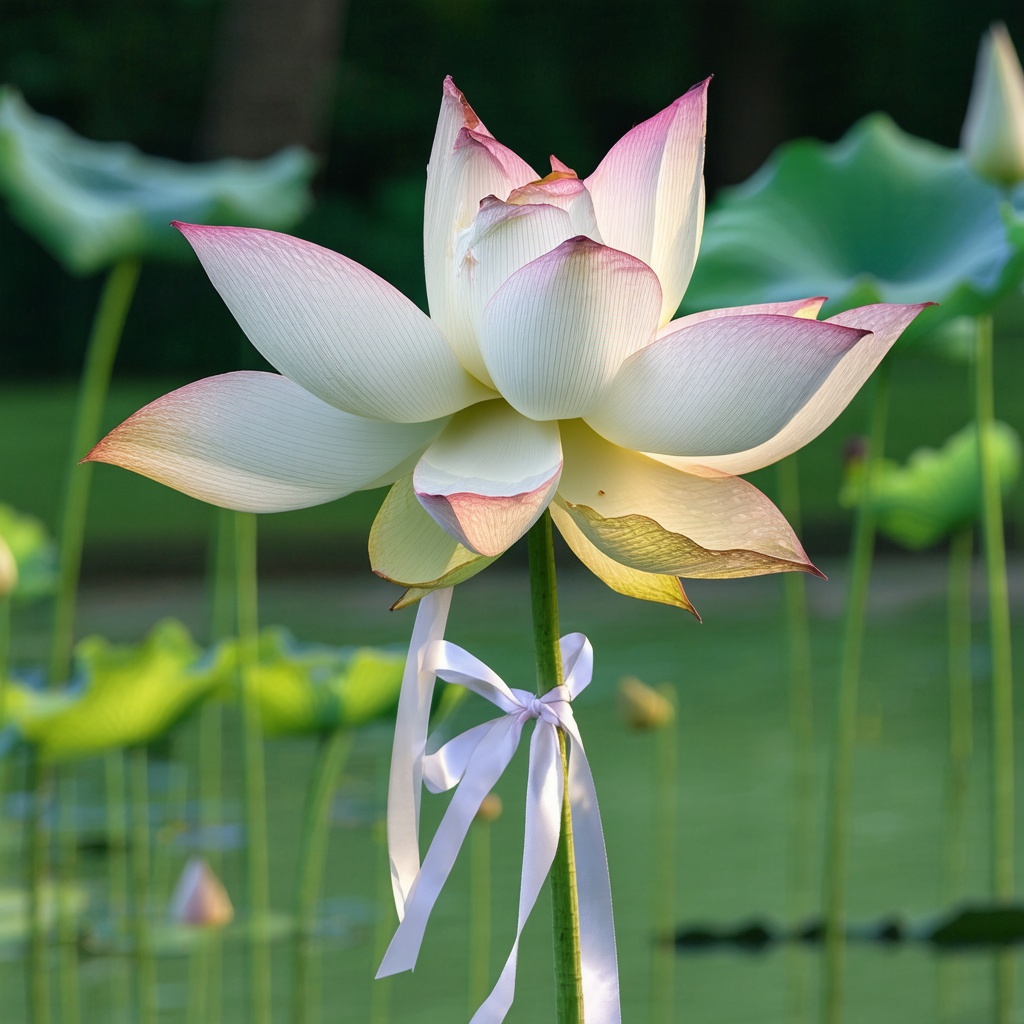 with a ribbon tied to the stem, open petals, in a botanical garden