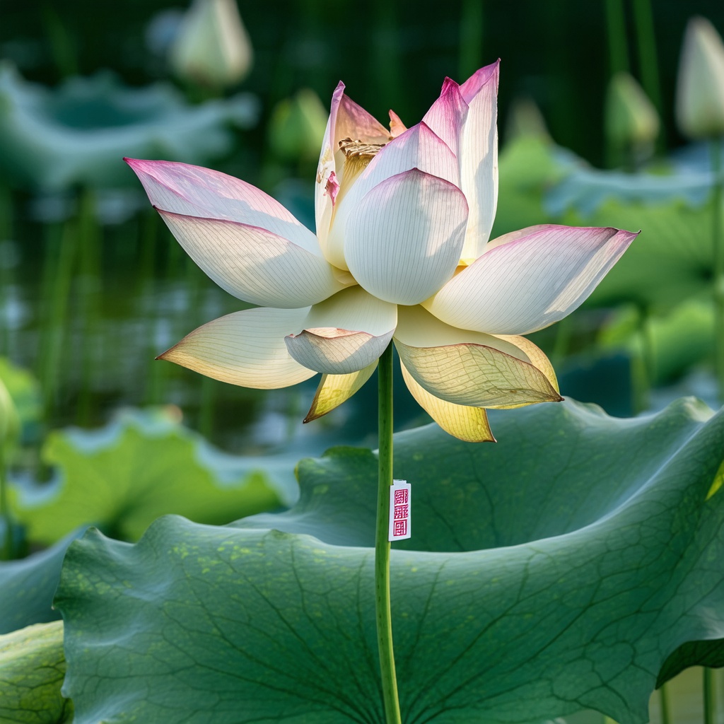 with a small tag, upright stem, in a lotus pond
