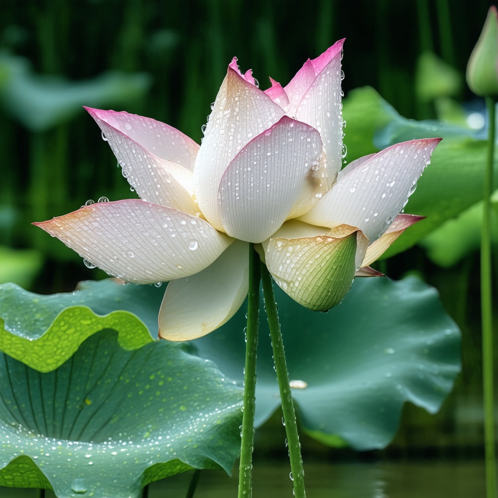 with dew drops, petals half-open, near a water garden