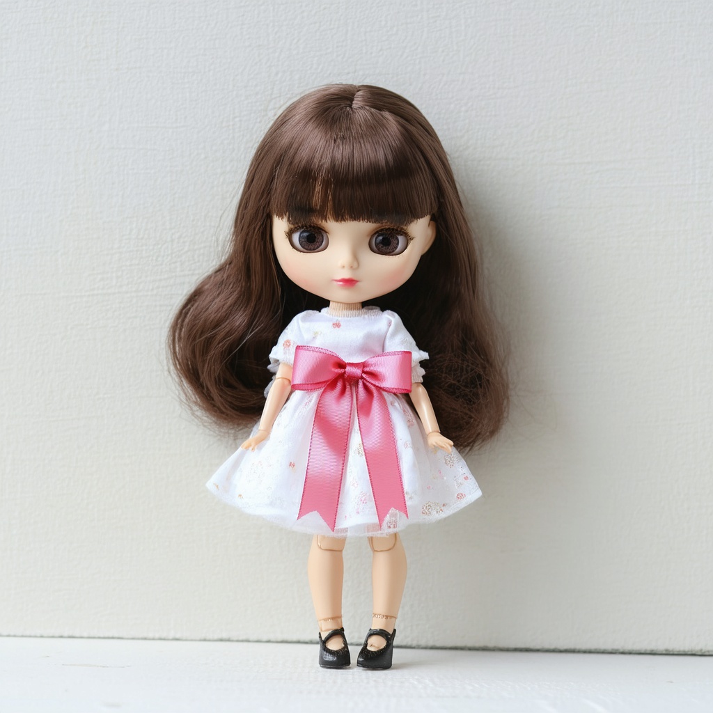with a ribbon, facing camera, against a plain backdrop