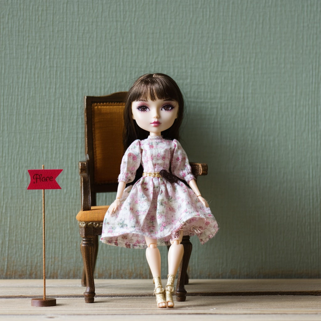 with a small prop nearby, head tilted, on a chair
