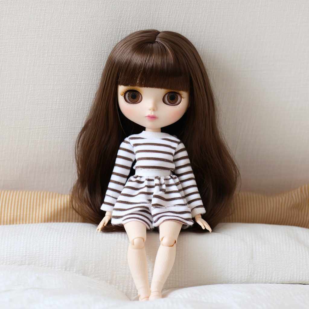 with a stripe pattern, sitting with legs forward, on a bed