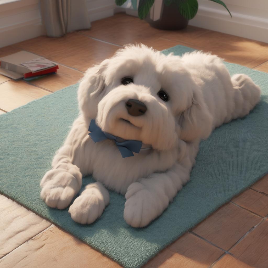 with a ribbon, lying curled up, on a cozy living-room rug