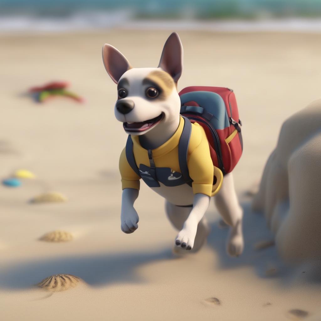 with a small backpack, jumping forward, at a sandy beach