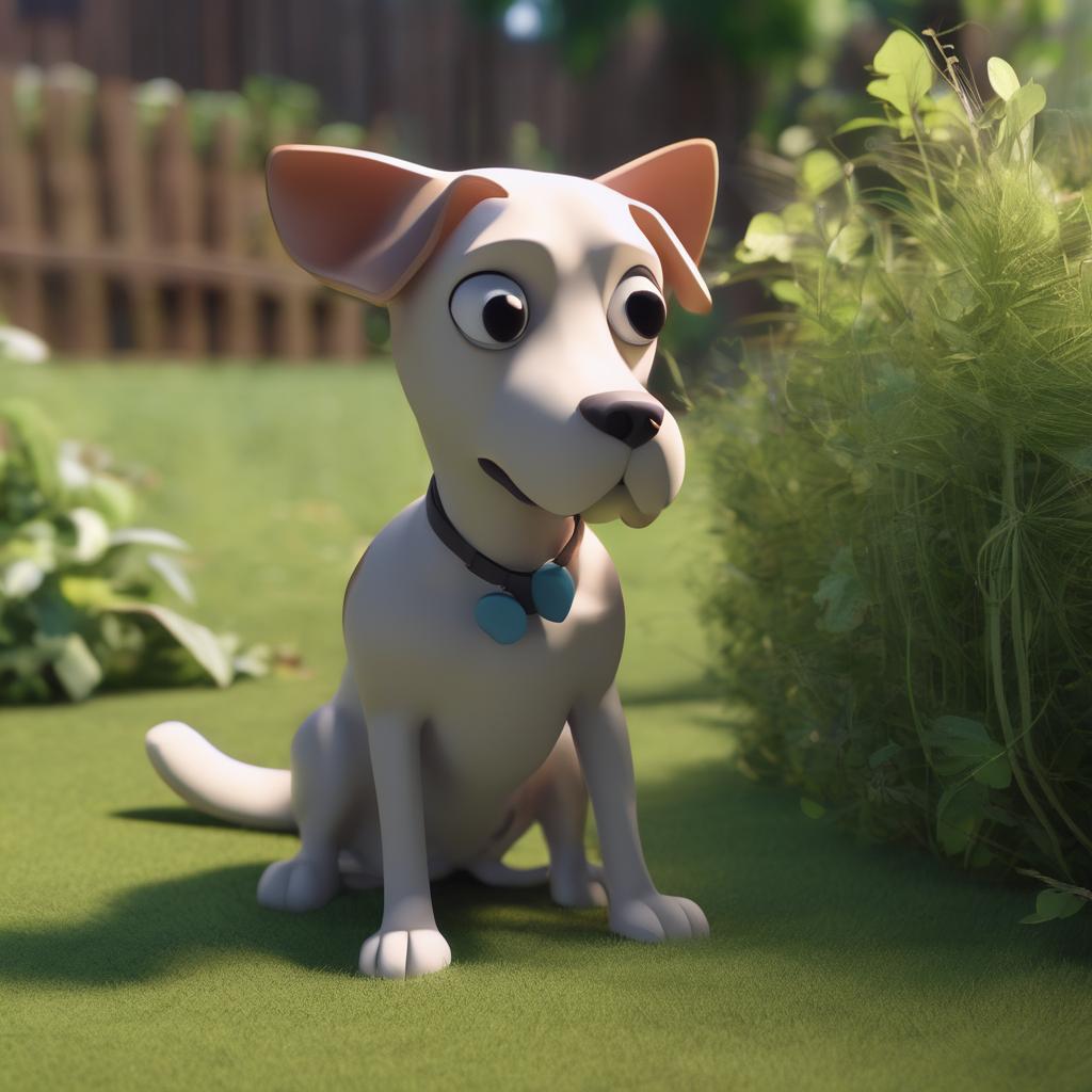 with a small prop nearby, sitting attentively, in a grassy backyard
