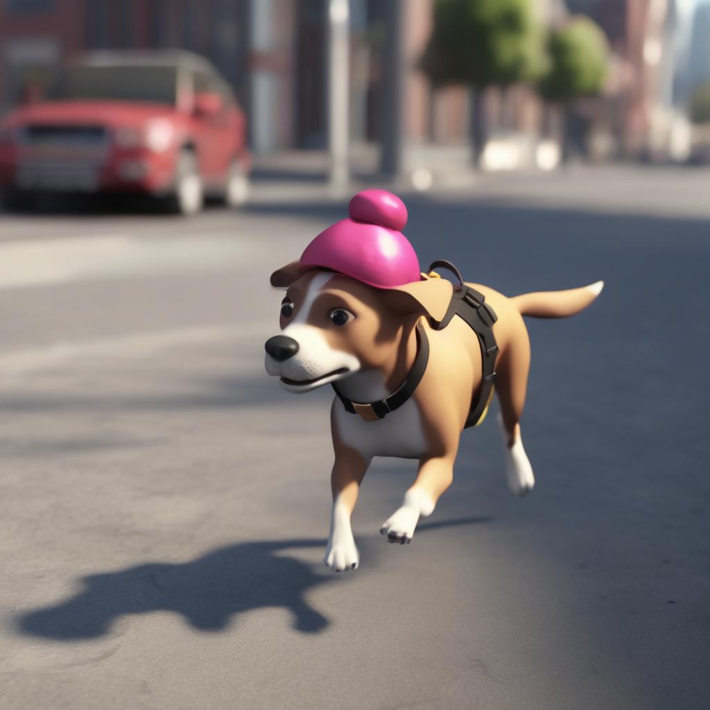with a tiny hat, running mid-stride, on a city sidewalk