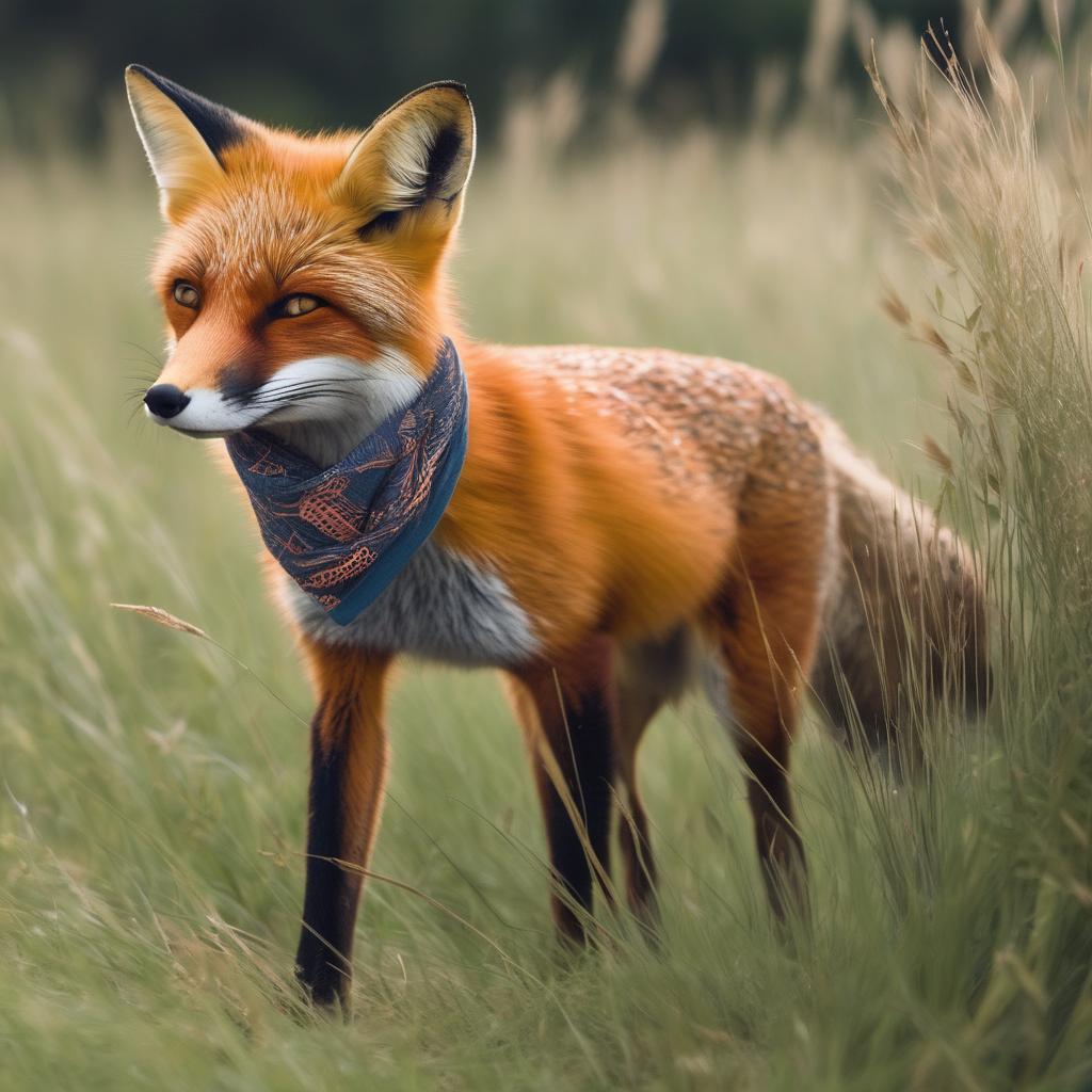 with a patterned scarf, moving low to the ground, in tall grass