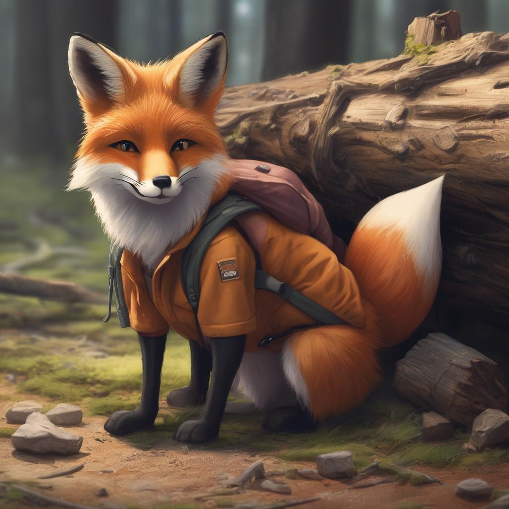 with a small backpack, ears angled back, near a fallen log