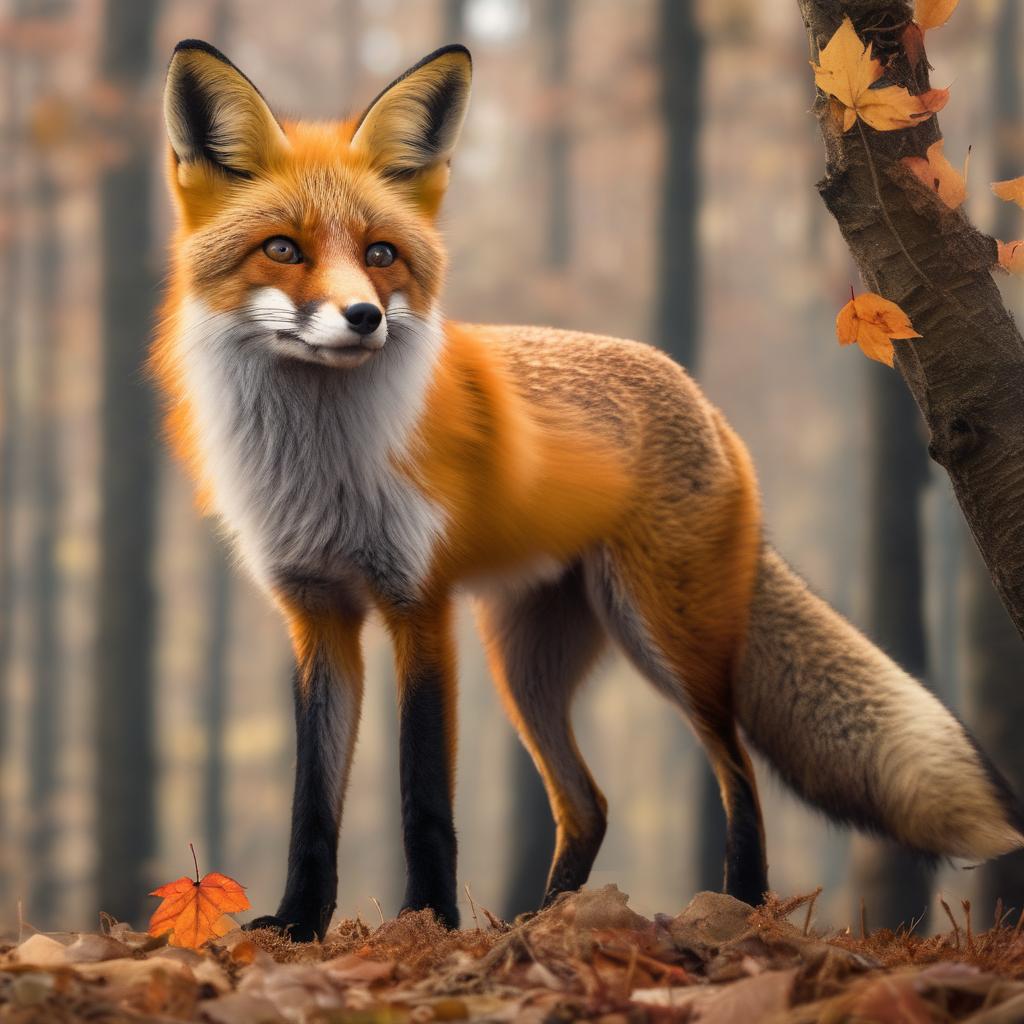 with a tiny hat, standing alert, in an autumn forest