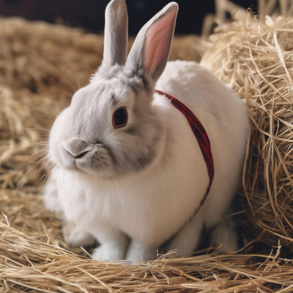 with a ribbon, sitting upright, on soft hay