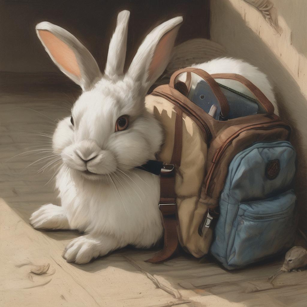 with a small backpack, lying flat, in a small pen
