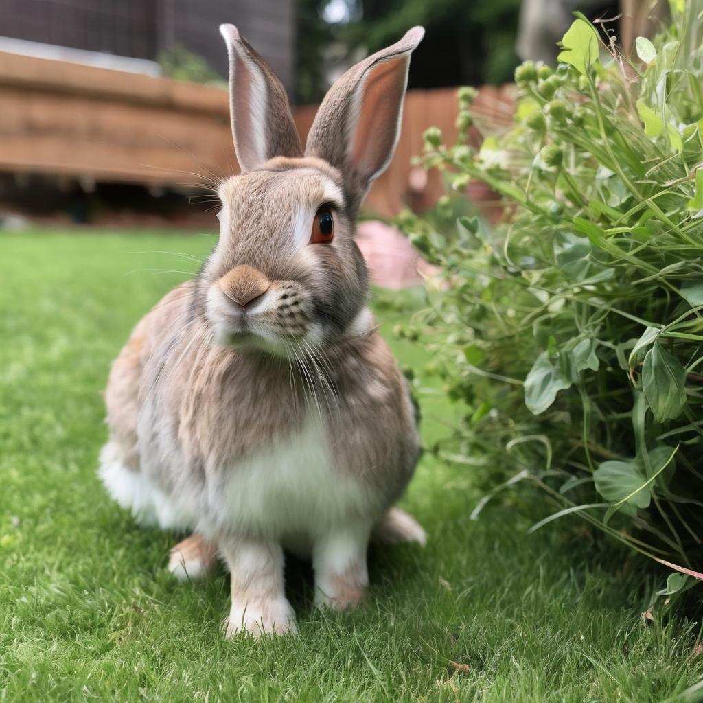 with a small prop nearby, ears perked up, on a backyard lawn
