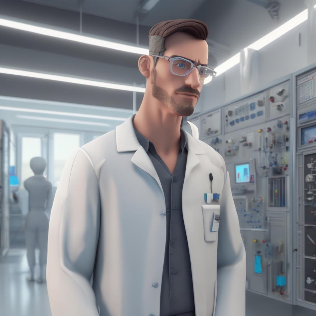 with earrings, turning to the side, in a bright lab corridor
