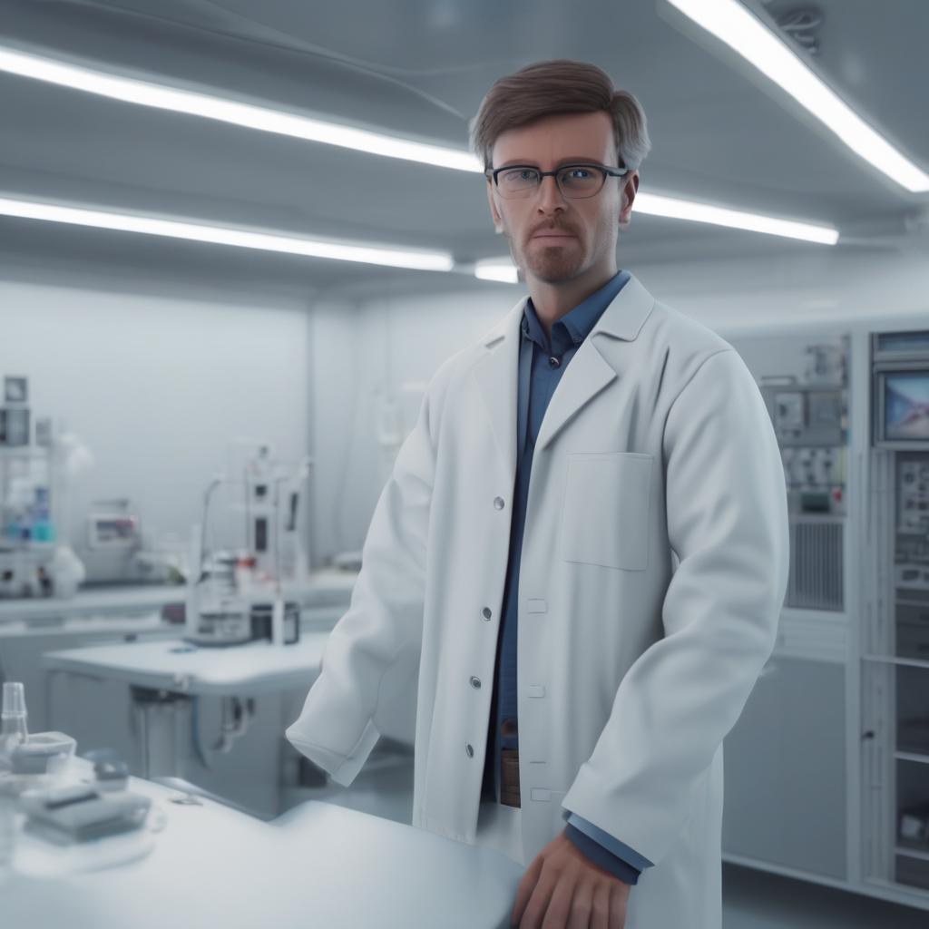 with short hair, hands behind back, in a cleanroom