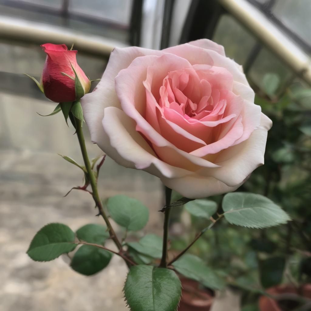 with a bud nearby, slightly tilted stem, in a greenhouse