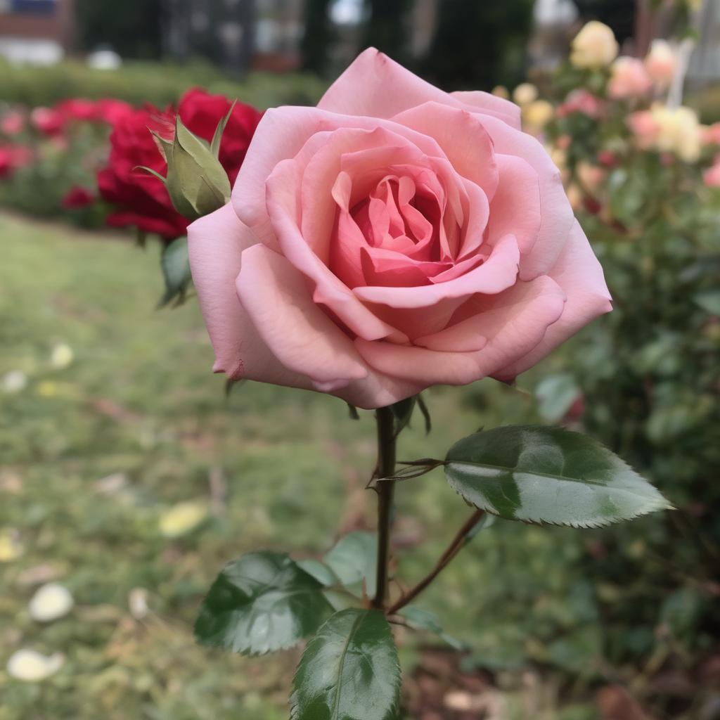 with a ribbon tied to the stem, bloom facing camera, in a flower garden